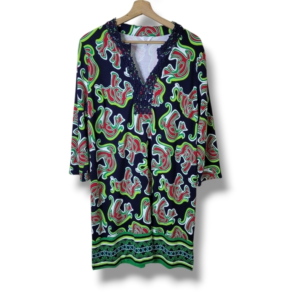 Crown & Ivy Colorful Preppy Shift Dress • Crochet Neckline Size XLP